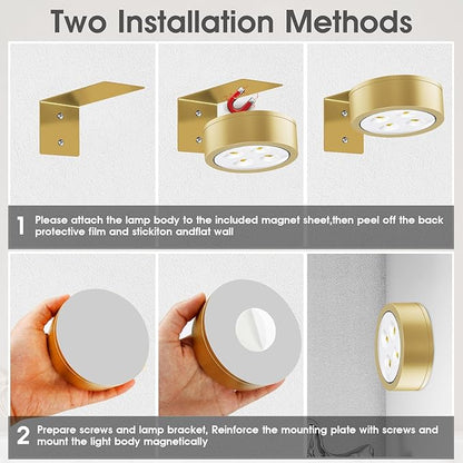 Picture Lights for Wall, 3 Lighting Modes Magnetic Art Display Light,Rechargeable Battery Operated Led Painting Light with Remote Control Dimmable & Timer,3Pack Gold
