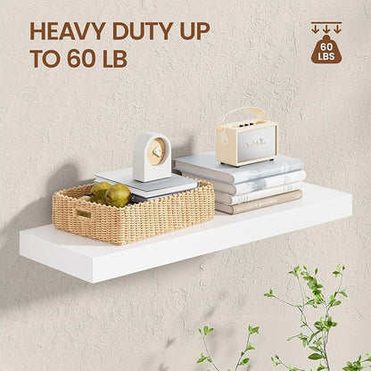 Heimlove 24 Inch Floating Shelves for Wall White Shelves Set of 2,Wall Mounted Rustic Wood 8 Inch Deep Floating Shelf with Invisible Brackets for Bedroom Kitchen Living Room