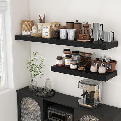 12 Inch Deep Floating Shelves | 55 Inch Black Floating Shelves | 55" W x 12" D Rustic Wood Shelves for Wall | Deep Black Shelves for Living Room Bathroom Laundry Room Kitchen