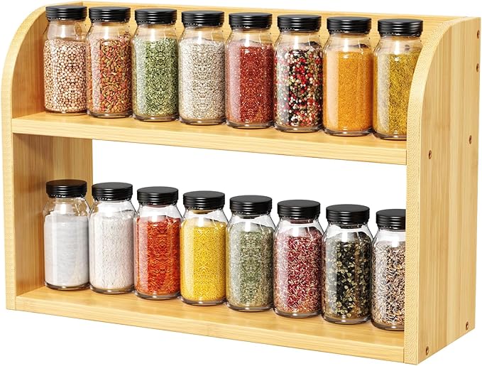 2 Tier Bamboo Spice Rack, Countertop or Wall Mounting Wood Spice Jars Organizer Shelf for Kitche, Pantry (Natural)