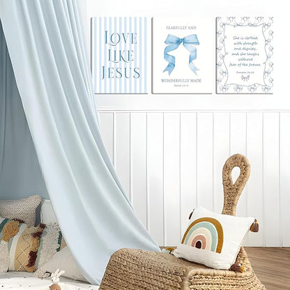 Blue Bow Jesus Wall Art Decor, Light Blue Coquette Dorm Room Wall Decor Paintings, Inspirational Bible Verses Canvas Posters Prints Pictures for Girls Dorm Room, Bedroom, Bathroom 12x16 Inch Framed