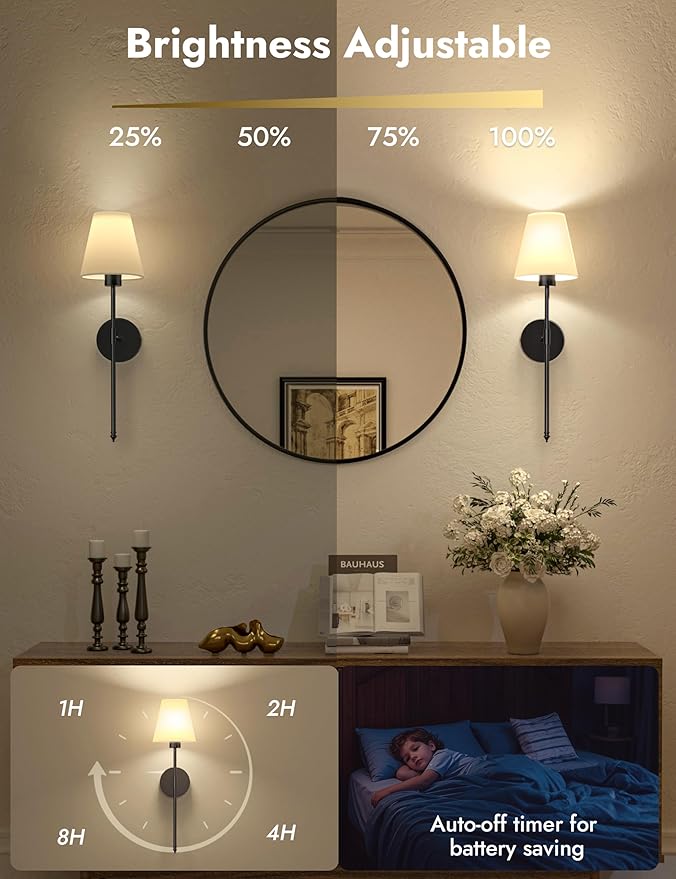 VOLISUN Battery Operated Wall Sconces Set of Two, Wireless Wall Sconces with Remote and Dimmable Bulbs, 9 Colors Battery Powered Wall Lights, Black Rechargeable Wall Lamps for Bedroom (23.6 inch)