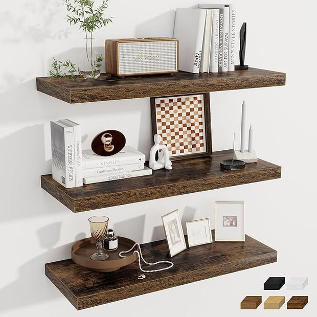 Fun Memories Deep Floating Shelves, 32W x 12D Rustic Brown Wall Shelves, 32 Long Rustic Wood Wide Storage Shelves for Bedroom, Kitchen, Farmhouse, Laundry Room, Bedroom, Kitchen, Home Office- Set of 3