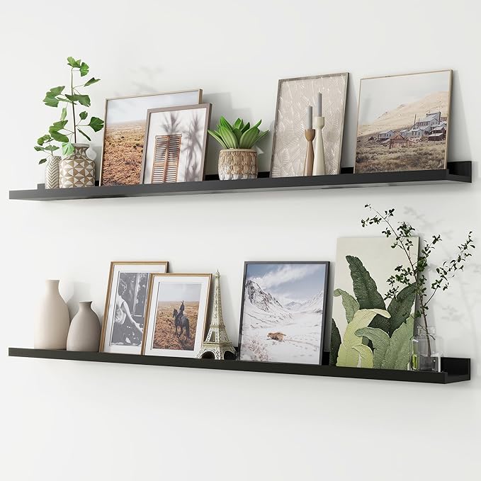 Picture Ledge Shelf, Floating Shelves Set of 2, 56 Inches Long Large Nursery Book Shelves for Toys Storage, Kids Bookshelf Wall Mounted for Living Room Bedroom Decor Books Photo Frames, Black