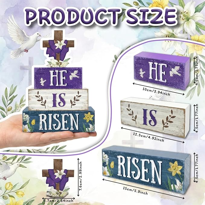 Easter Decorations, 4 Pcs Wooden Easter Table Decorations, He Is Risen Tiered Tray Decor, Wooden Table Sign for Desk Shelf Mantel Coffee Bar, Indoor Home Decor
