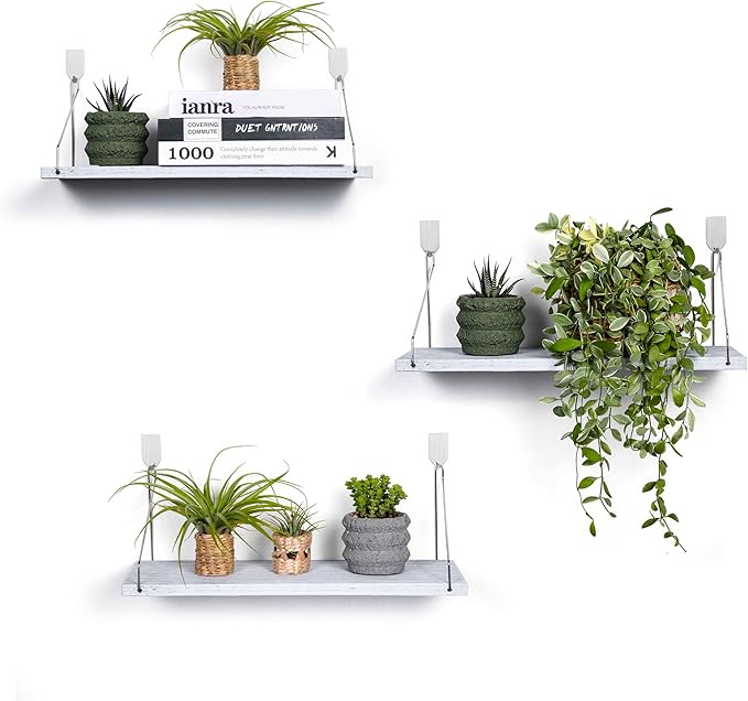 MITIME Floating Shelves Set of 3 Rustic Solid Wood Floating Shelf Wall Storage Shelves for Living Room, Bedroom, Bathroom, Kitchen Laundry, Office,no Drill Shelf(Grey and White Colour L+L+L)