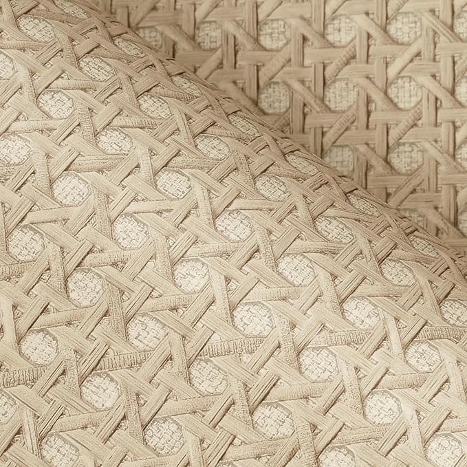 FunStick Tan Brown Rattan Wallpaper Peel and Stick Cane Webbing Wicker Weave Beige Rattan Contact Paper for Furniture Cabinets Waterproof Boho Faux Textured Wall Paper Self Adhesive Burlap Fabric Roll