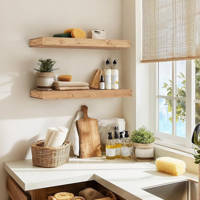 24x6.8x2 Inch Rustic Floating Shelves for Wall Set of 2 - Oak Solid Wood Wall Mounted Shelves with Invisible Bracket, Extended Design for Farmhouse Living Room Bedroom Kitchen Decor