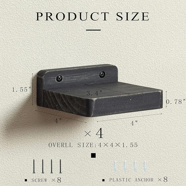 Freezing point Small Floating Shelf for Wall Set of 4 Natural Wood 4Inch Mini Wall Shelves Decor Plant Display Collectibles Mounted Kitchen Bathroom Bedroom Corner Decorative Storage Tiny Stand Black