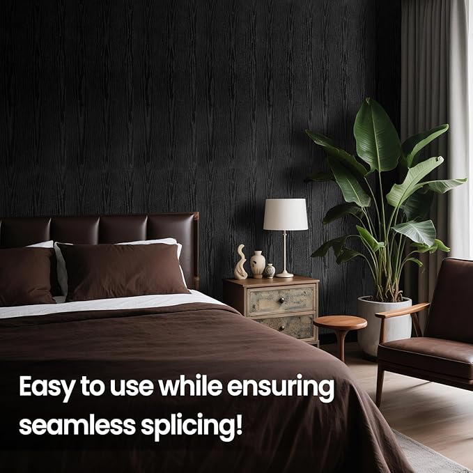 COSNIGHT Black Peel and Stick Wallpaper, Wood Grain Contact Paper Self Adhesive 15.7'' x 393'' Vinyl Wrap, Removable Wall Paper for Kitchen Countertop, Cabinet, Drawer, Shelf Liner