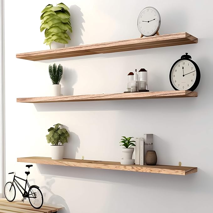 PHPH 48 Inch Wood Floating Shelves for Wall, Wooden Wall Shelves for Bedroom, Set of 4 Light Brown