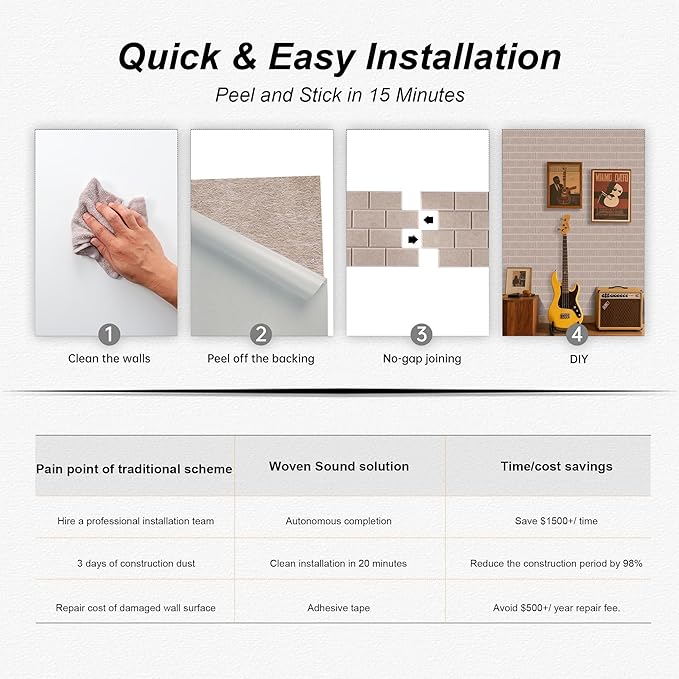 WoveN SounD Brick Acoustic Wall Panels Seamless Visual, High Density, Sound Proof Wall Decor, Noise Blocker Felt Wall Tiles for Home, Studio, Office & Focus Zones (Deep Camel), 16x12x0.4 Inch
