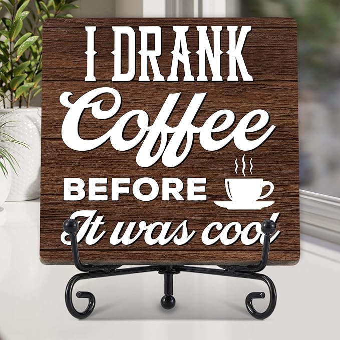 Coffee Bar Decor, Farmhouse Kitchen Table Decor, Coffee Station Accessories, Wooden Decorative Sign with Iron Stand for Table Desk Shelf Display-E13