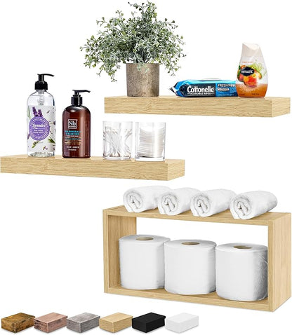 Sorbus Floating Shelves for Wall Set of 3 - Bathroom Shelves for Wall Storage, Over Toilet, Bedroom, Farmhouse, Decor - 2 Floating Shelves with Invisible Brackets & 1 Rectangular Box
