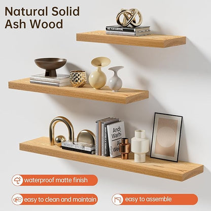 Marsmiles Floating Shelves for Wall 36 Inch | Natural Ash Wood Floating Shelves Set of 2 | 36W x 8D Natural Wood Wall Shelves with Upgraded Heavy Duty Brackets - Natural