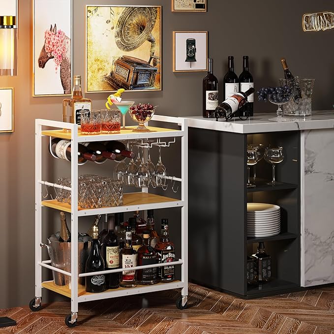 TUTOTAK Bar Cart, Serving Cart for Home, Microwave Cart, Drink Cart, Mobile Kitchen Shelf with Wine Rack and Glass Holder, Rolling Beverage Cart BC01BOW030