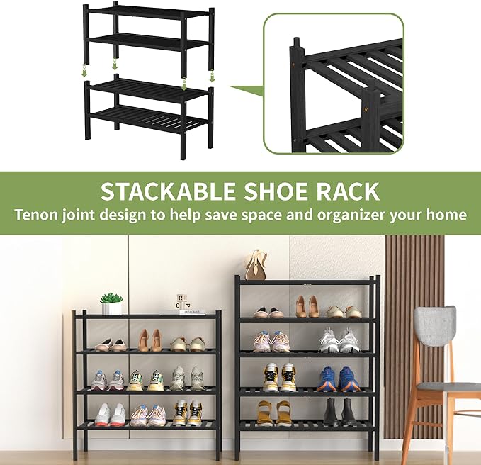 4 Tier (Thick) Bamboo Shoe Rack for Closet Free Standing Wood Shoe Shelf for Entryway Small Space Stackable 27
