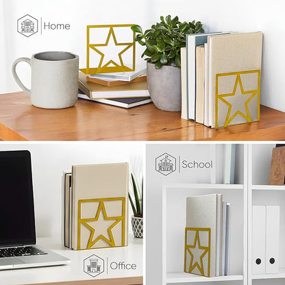GEOMOD Gold Star Metal Bookends Heavy Duty for Desk & Shelves, Non-Slip Metal Bookends for Bookshelf End Holders, Modern Decorative Book Ends Gold, Book Holder for Office, Study & Home Library 2 Pairs