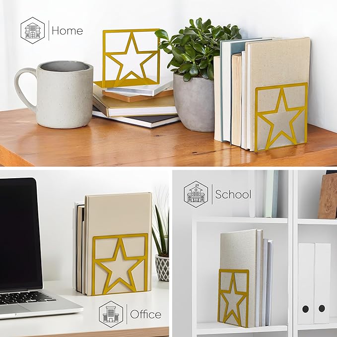 GEOMOD Gold Star Metal Bookends Heavy Duty for Desk & Shelves, Non-Slip Metal Bookends for Bookshelf End Holders, Modern Decorative Book Ends Gold, Book Holder for Office, Study & Home Library 2 Pairs