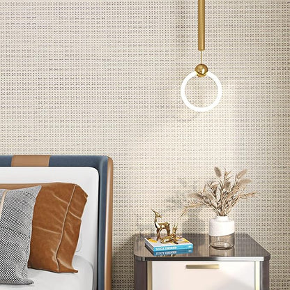 FunStick 24"x200" Thick Beige Peel and Stick Wallpaper for Bathroom Bedroom Walls Grasscloth Textured Wall Paper Roll Self Adhesive Vinyl Geometric Contact Paper for Cabinets Furniture Table Removable