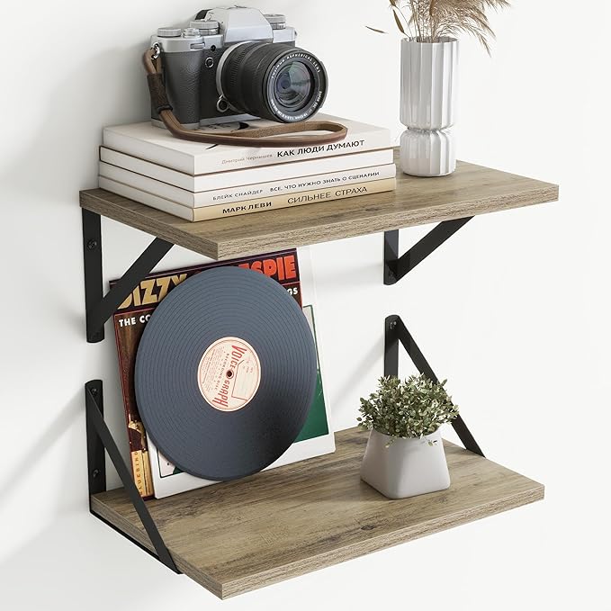 8" Deep Floating Shelves for Wall,16 inch Wood Wall Shelves Set of 2,Wide Floating Bookshelf with Sturdy Metal Brackets,Hanging Storage Floating Shelf for Living Room,Bedroom,Bathroom,Office,Grey