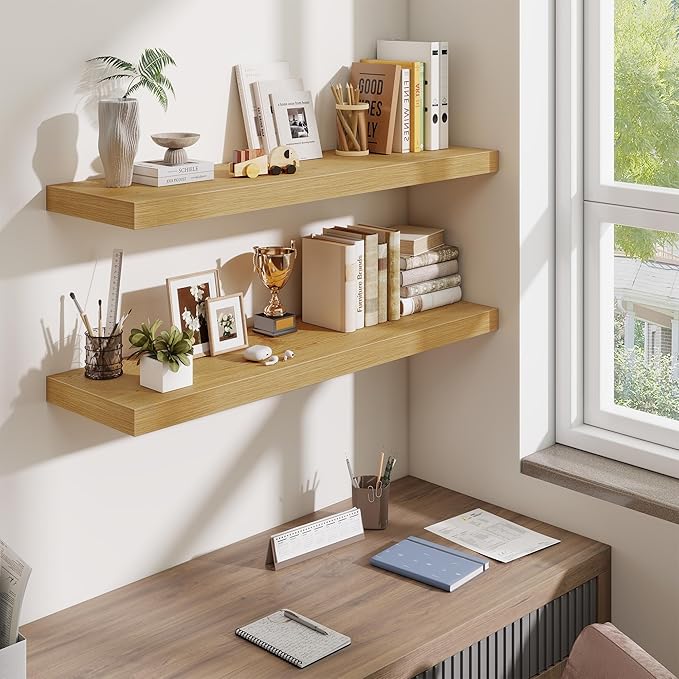 Fun Memories Floating Shelves Set of 2, 40 Inch Long Wooden Wall Shelves, 10 Inch Deep Wall Mounted Storage Shelf with Metal Brackets for Living Room, Bathroom, Bedroom and Kitchen, Oak