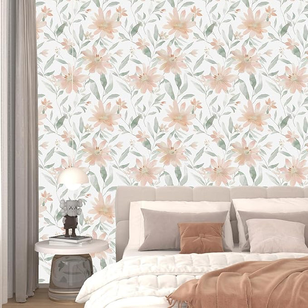 Floral Wallpaper Peel and Stick Vintage Flowers Contact Paper 17.5" x 118" Pink Floral Wallpaper Vinyl Waterproof Self Adhesive Boho Leaf Modern Wall Paper for Bedroom Cabinet Countertop Decor
