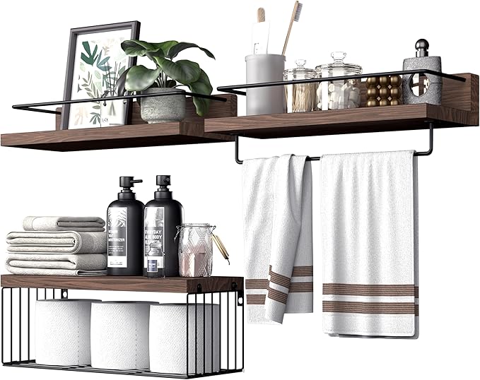 Bathroom Shelves Over Toilet for Wall, Floating Shelves with Storage Basket Paper Holer for Kitchen Living Room, Bedroom & Classroom, Set of 3 (Dark Brown)