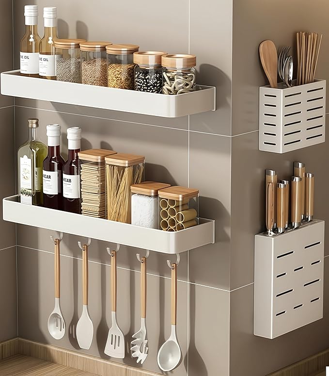 SEIDO Space-Saving Kitchen Utensil Holder | No-Drill Shelf Organizer | Wall Mount Spice Rack with Hooks | Space Aluminum | 24 Inch Long | White