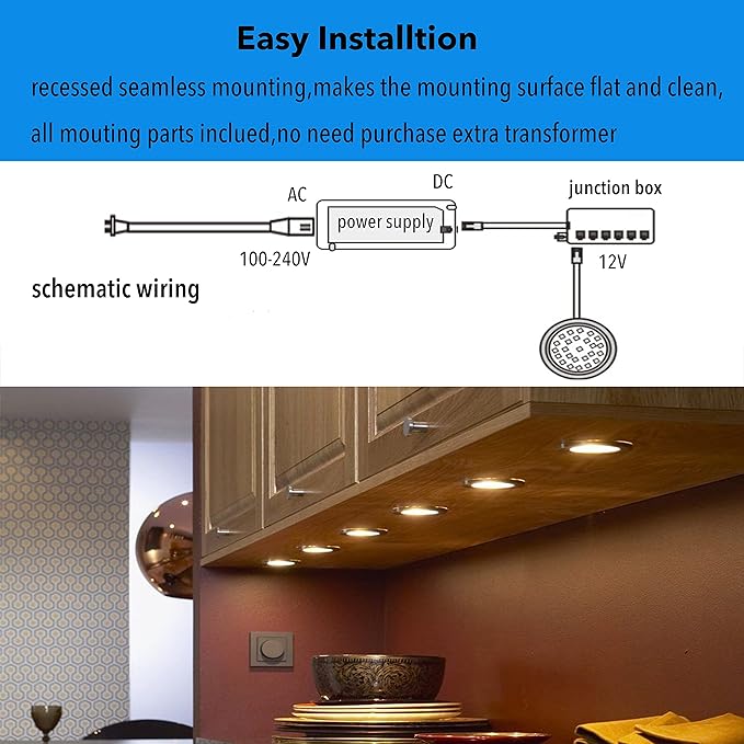 LED Puck Lights Wired Under Cabinet Lighting Dimmable,Round Cabinet Lights Plug In for Bookshelf,Kitchen Counter,Display Case,Curio,Ceiling,6000K Cold White,2.5In Hole Recess Mount,6W,480LM Total,3pcs