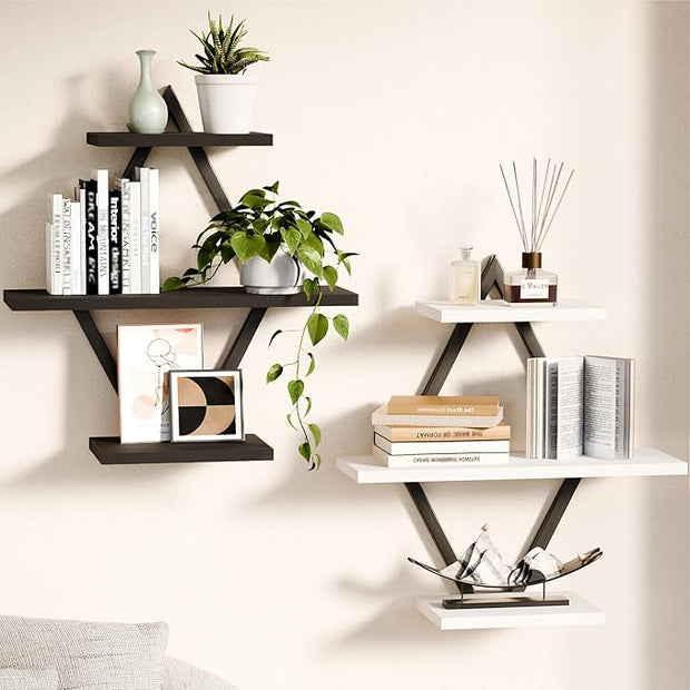 Floating Shelves, Wall Shelf Set of 2, Wall Mounted Shelves, 3-Tier Hanging Wall Shelves for Bathroom, Living Room, Bedroom, Kitchen, Office (Black & White)