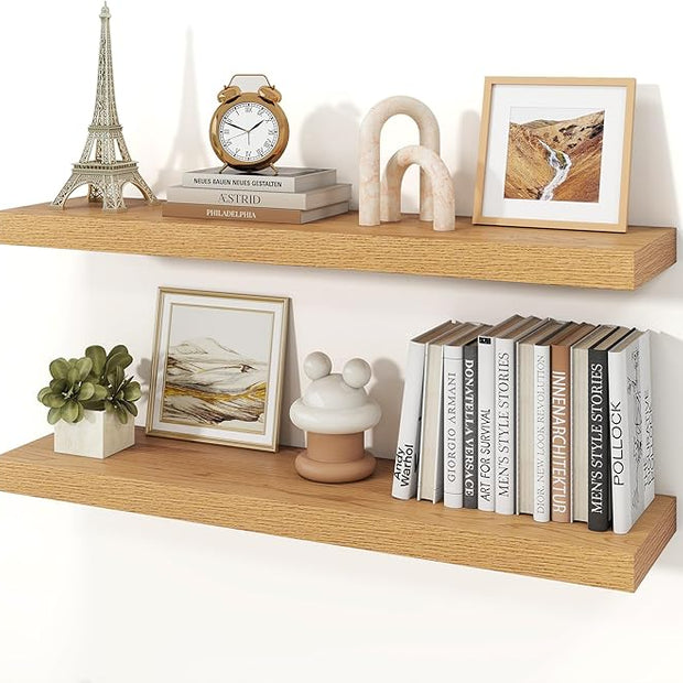 Floating Shelves for Wall, 9.3" Deep Wall Mounted Wood Shelves for Bathroom, Bedroom, Living Room, Kitchen, Hanging Shelf for Books/Storage/Room Decor (Oak, 36")