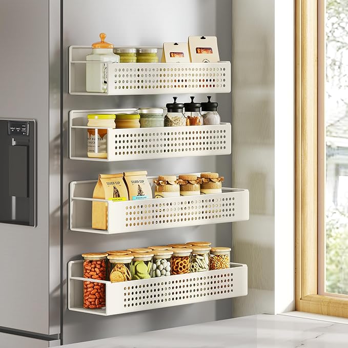 SONGMICS Strong Magnetic Spice Rack for Refrigerator, Set of 4, 2 Large and 2 Small Kichen Magnetic Shelves for Microwave, Washing Machine, Spice Organizers, No Drilling Needed, Cream White UKCS061W01