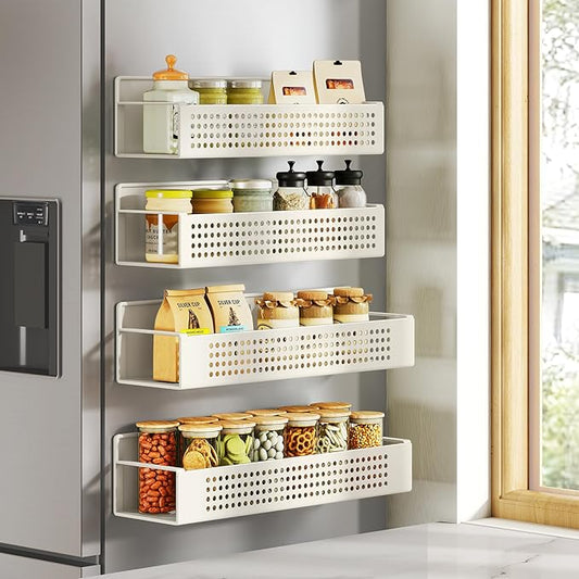 SONGMICS Strong Magnetic Spice Rack for Refrigerator, Set of 4, 2 Large and 2 Small Kichen Magnetic Shelves for Microwave, Washing Machine, Spice Organizers, No Drilling Needed, Cream White UKCS061W01