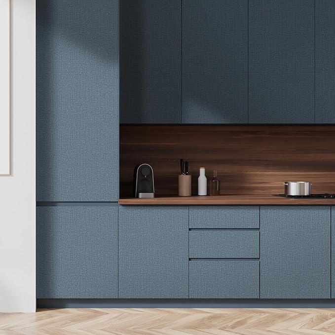 WADILE Grasscloth Peel and Stick Wallpaper 15.7in x 393.7in, Textured Contact Paper for Cabinets, Faux Linen Wall Paper Pull and Stick, Fabric Vinyl Wallpaper Self Adhesive Navy Blue