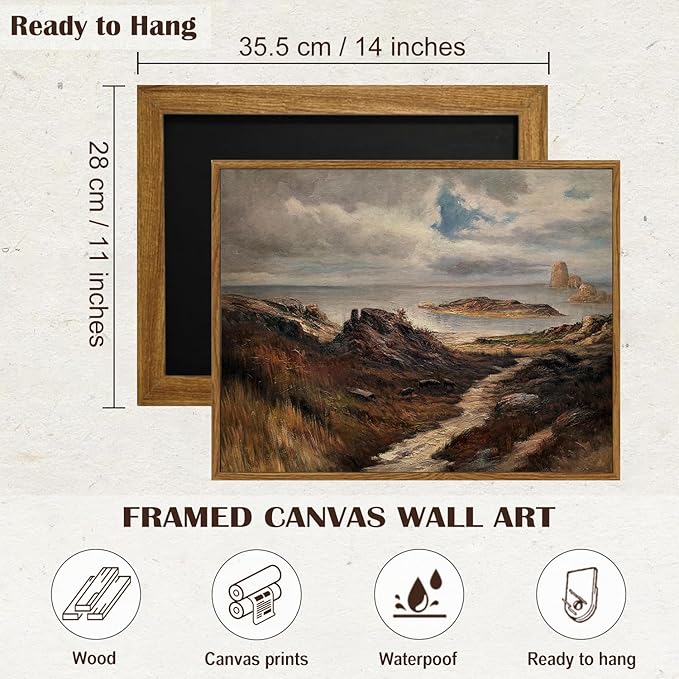 SHENIFY Landscape Framed Canvas Wall Art Vintage Classical Seaside Path Wilderness Prints Modern Hallway Bathroom Office Decor - 11x14in Natural Framed