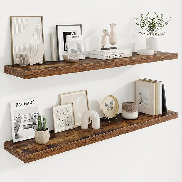 Marsmiles 48in Floating Shelves for Wall, 48" W x 9.25" D x 1.25" H, 2 Pack Long Wall Mounted Engineered Wood Shelves with Invisible Brackets for Living Room, Bedroom, Bathroom, Kitchen, Rustic Brown
