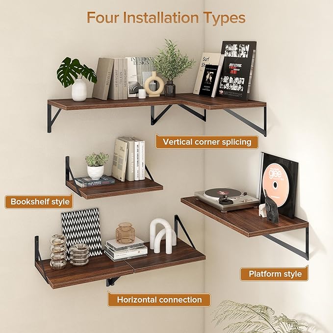 Deep Floating Shelves Wall Mounted, 24"x12" Walnut Wall Shelves with Brackets Set of 2 for Bedroom, Living Room, Bathroom, Kitchen, Office - Storage & Display Shelf for Decor, Books, Plants