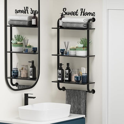 Bathroom Shelves Wall Mounted, Rustic Farmhouse Pipe Shelves, Walls Shelf 3-Tier, Industrial Pipe Shelving, Floating Shelf Wall Decor for Bathroom, Kitchen, Bedroom, Living Room 17.3in Black