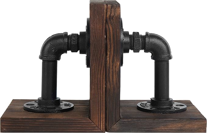 MyGift Book Ends Decorative, Bookends for Shelves, Metal Bookends for Heavy Books, Office Decor for Men, Wood Book Stopper, Realistic Industrial Pipe Design, Dark Brown