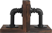 MyGift Book Ends Decorative, Bookends for Shelves, Metal Bookends for Heavy Books, Office Decor for Men, Wood Book Stopper, Realistic Industrial Pipe Design, Dark Brown