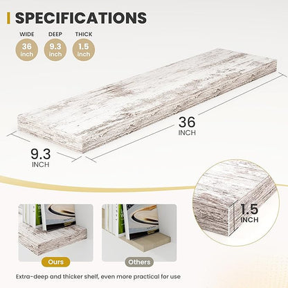 36 Inch Floating Shelves, 9.3" Deep Floating Shelf Wall Mounted, 36" Wall Shelves, Rustic Deep Bookshelf, Large Display Shelves & Storage Shelves for Bedroom, Living Room, Rustic, Set of 2