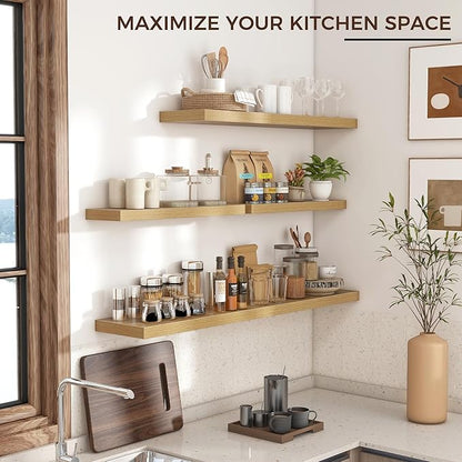 Floating Shelves for Wall 48"W x 9"D x 1.5"H, Long Engineered Wood Wall Shelves with Invisible Brackets for Living Room Bedroom Bathroom Office Kitchen Decor and Storage, Oak Finish, Set of 2