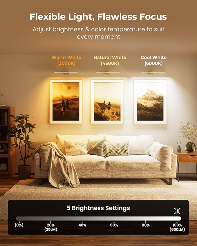 Picture Light for Wall with Remote, Picture Lights Battery Operated Rechargeable 12000mAh, 3 Colors & 3 Timers, Brightness Dimmable for Gallery Poster Frame Painting Photo Art Display (Gold, 1 Pack)