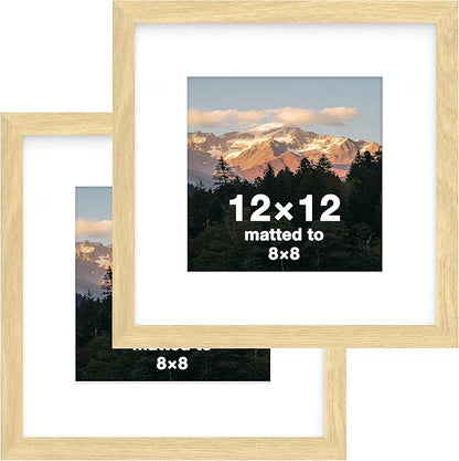 FrameWorks 2-Pack, 12x12 Matted to 8x8 Picture Frame, Natural Oak – Classic Wooden Photo Frame with Tempered Glass, Modern Matte Finish for Prints, Posters, Certificates & Wall Decor – Gallery-Ready