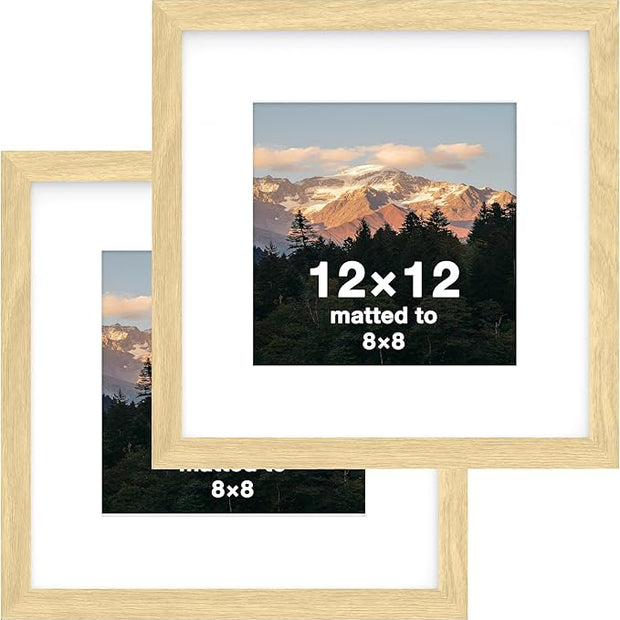FrameWorks 2-Pack, 12x12 Matted to 8x8 Picture Frame, Natural Oak – Classic Wooden Photo Frame with Tempered Glass, Modern Matte Finish for Prints, Posters, Certificates & Wall Decor – Gallery-Ready