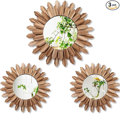 3 Pcs Boho Wall Decor Round Sunburst Mirror Boho Circle Mirror with Rustic Wood Frame Decorative Hanging Wall Art for Farmhouse Home Decor,17 Inch and 12 Inch(Wood Color)