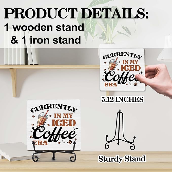 Coffee Bar Decor, Farmhouse Kitchen Table Decor, Coffee Station Accessories, Wooden Decorative Sign with Iron Stand for Table Desk Shelf Display-E33