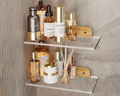Small Acrylic Floating Shelf for Wall, Clear Acrylic Wall Shelf with Solid Wood Base, Thick Minimalist Display Shelf for Bathroom, Bedroom,Plants, Perfume, Nail Polish,Living Room & Decor