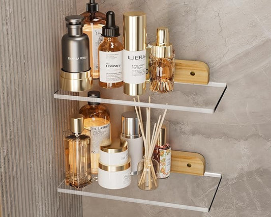 Small Acrylic Floating Shelf for Wall, Clear Acrylic Wall Shelf with Solid Wood Base, Thick Minimalist Display Shelf for Bathroom, Bedroom,Plants, Perfume, Nail Polish,Living Room & Decor
